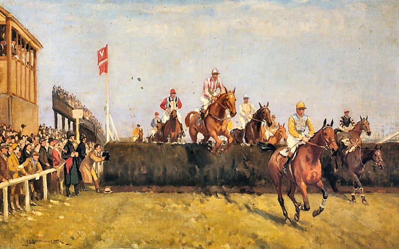 Valentines Steeplechase - Horses, art, thoroughbred, equine, bonito, horse, illustration, artwork, animal, steeplechase, painting, wide screen, thorobred, HD wallpaper