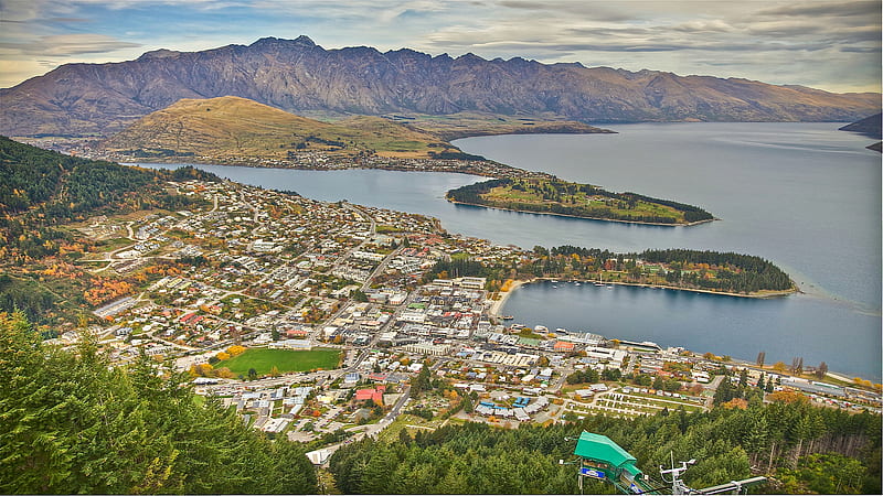arial view of queenstown, new zeland, mountain, city, trees, lake, HD wallpaper