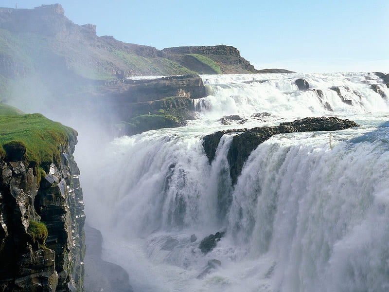 Gullfoss, Iceland, Waterfall, Rocks, Iceland, Grass, HD wallpaper