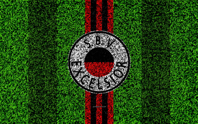Excelsior FC emblem, football lawn, Dutch football club, logo, grass texture, Eredivisie, red black lines, Rotterdam, Netherlands, football, SBV Excelsior, HD wallpaper
