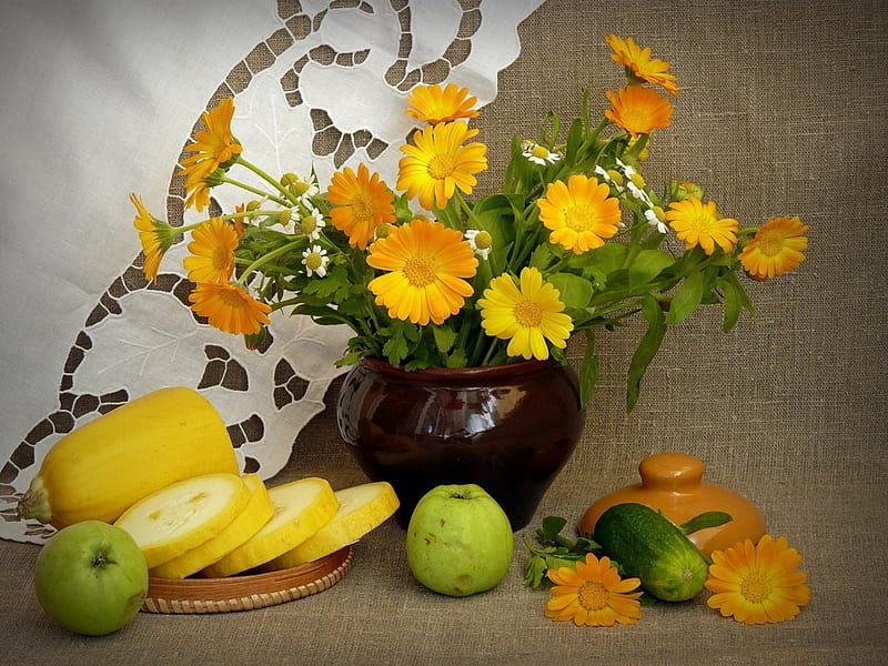 *** Still Life ***, owoce, warzywa, martwa, kwiaty, nature, HD wallpaper