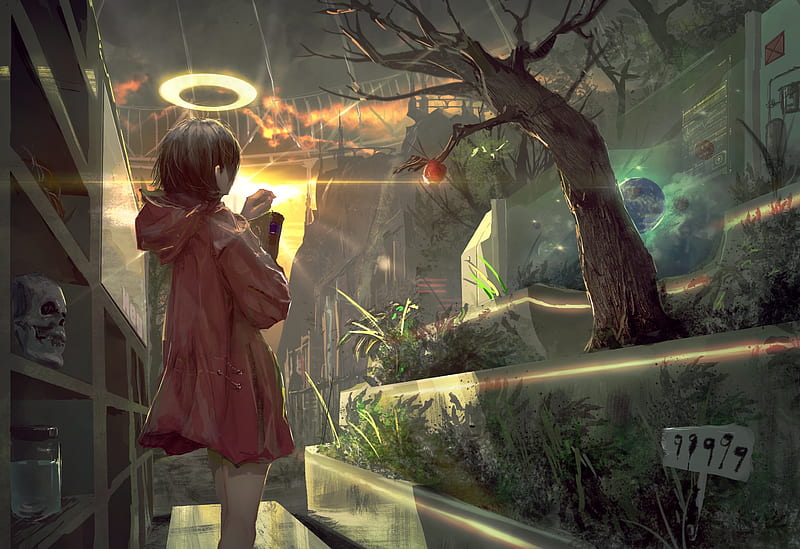 fallen angel, anime girl, hoodie, darkness, tree, book, Anime, HD wallpaper