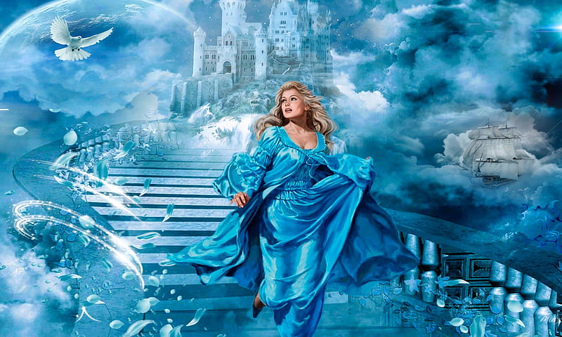 Damsel in Distress, fantasy girl, running, distress, lady, castle, blue, clouds, fantasy, enchanting, Stairs, HD wallpaper