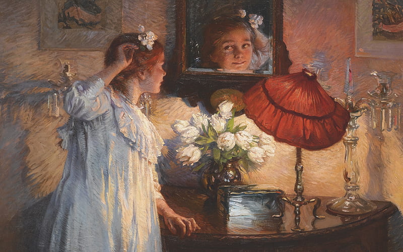 The mirror, art, lamp, girl, painting, mirror, reflection, albert chevallier tayler, pictura, HD wallpaper