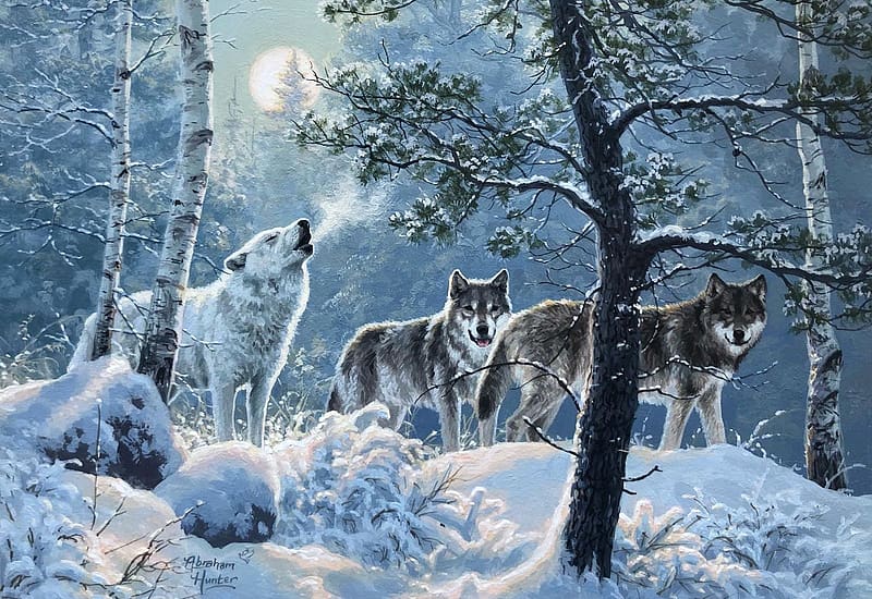 Under The Moonlight, snow, wolfpack, artwork, painting, wolves, trees, wilderness, HD wallpaper
