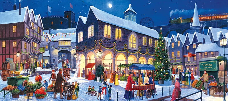A Victorian Christmas Market, christmas, victorian, sky, snowman, sled, market, winter, tree, moon, train, snow, castle, HD wallpaper