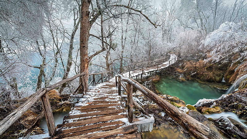 Winter on a Home Made Bridge, waterfall, nature, snow, bridge, HD wallpaper
