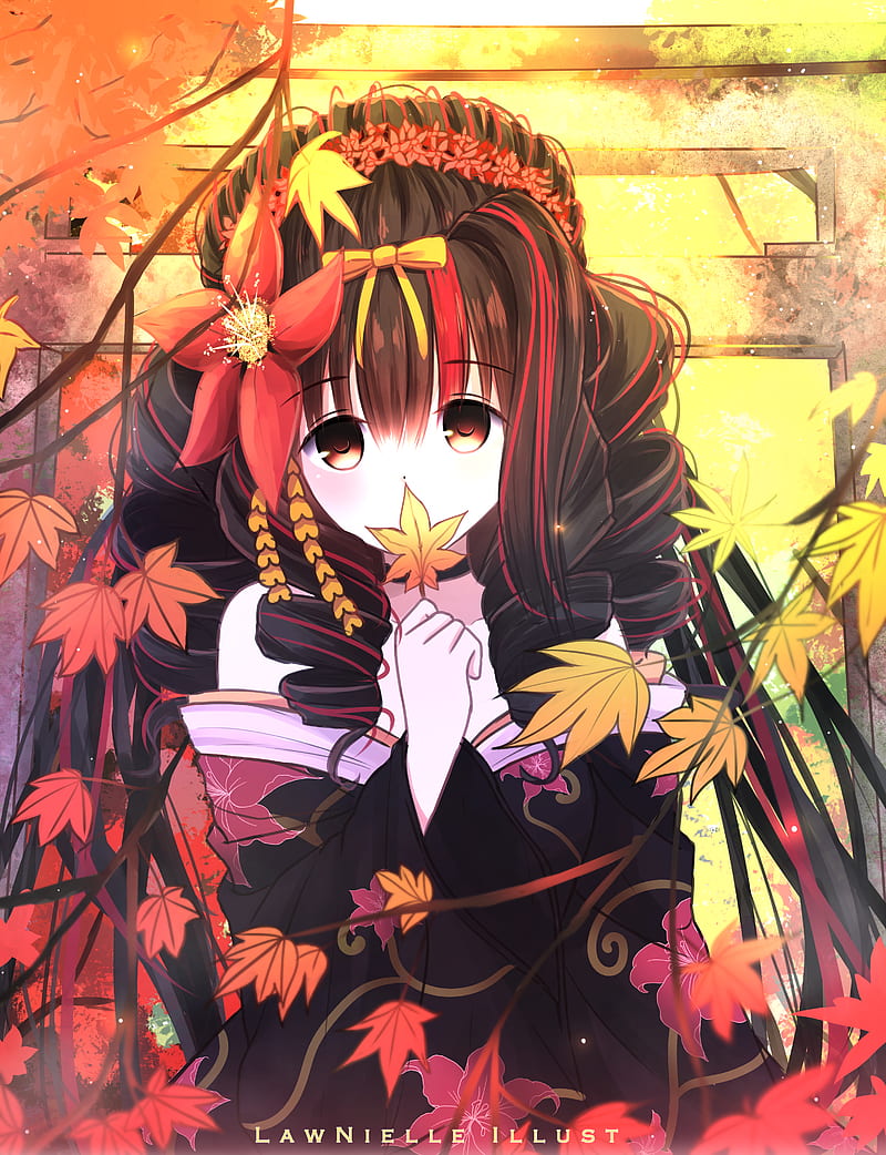 anime, anime girls, dark hair, original characters, leaves, flower in hair, HD phone wallpaper