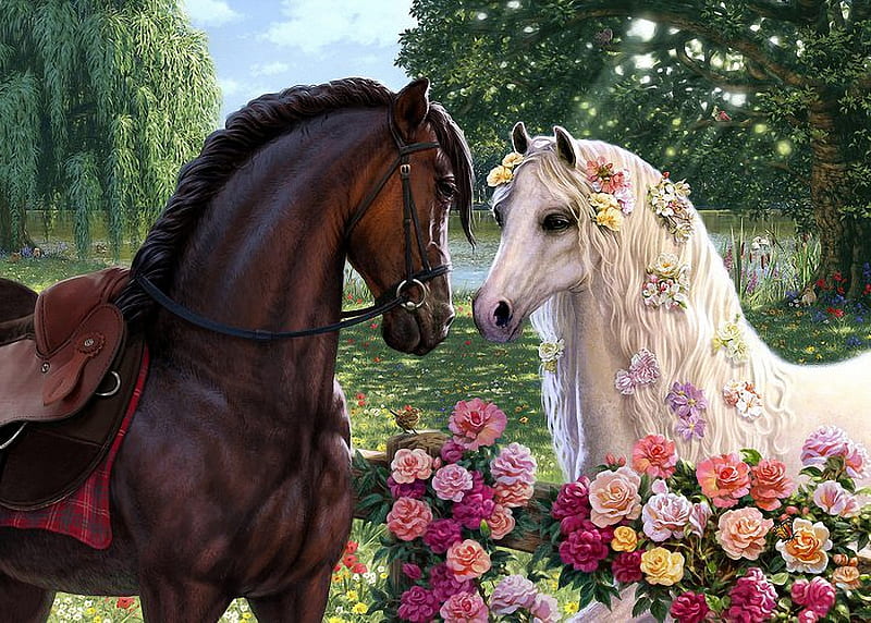 Over the fence, horses, art, digital, flowers, black, blossoms, white, HD wallpaper