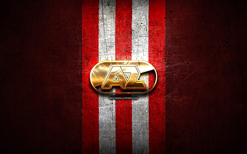 AZ Alkmaar, golden logo, Eredivisie, red metal background, football, AZ Alkmaar FC, Dutch football club, AZ Alkmaar logo, soccer, Netherlands, HD wallpaper