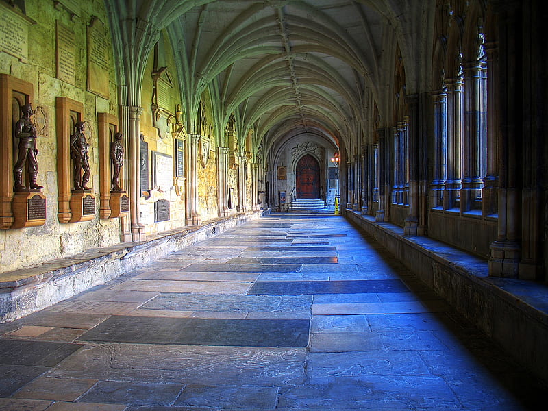 Westminster Abbey cloister, westminster abbey, religious, archway, marble, cloister, uk, monastery, statues, monks, stone, HD wallpaper