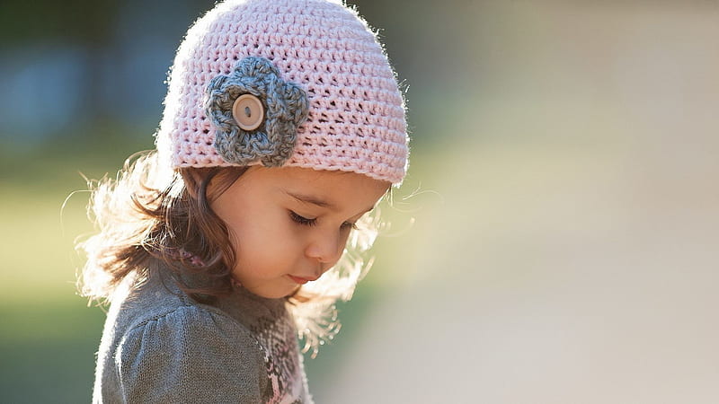 Cute Baby Girl Is Looking Down Wearing Woolen Knitted Pink Cap And Ash Dress In Blur Background Cute, HD wallpaper