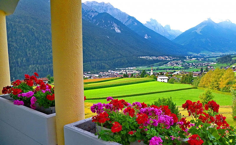 view of beautiful mountain village from balcony, mountain, balcony, flowers, village, valley, HD wallpaper