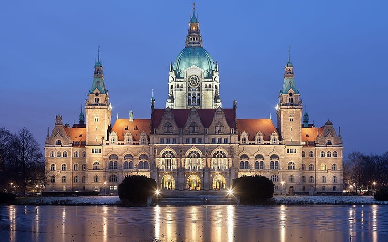 New Town Hall in Hannover, Germany, town hall, building, Hannover, dusk, reflection, HD wallpaper