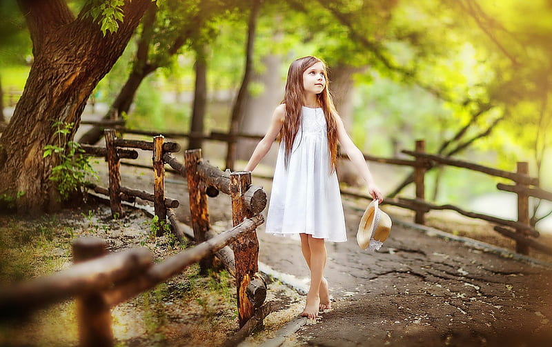 Little Lady, fence, forest, dress, woods, girl, path, beauty, child, sweetness, HD wallpaper