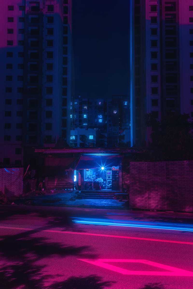 street, night, neon, light, city, buildings, HD phone wallpaper
