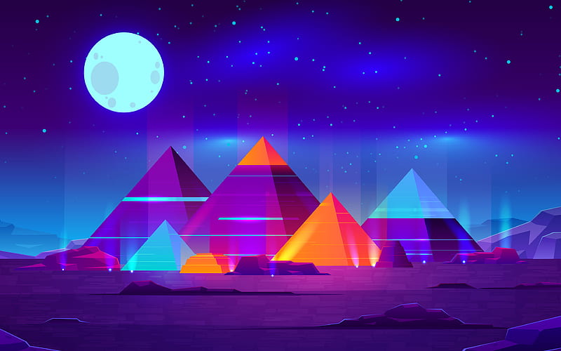 abstract nightscape, pyramids, creative, 3D abstract landscapes, 3D mountains, artwork, 3D art, mountains, moon, HD wallpaper