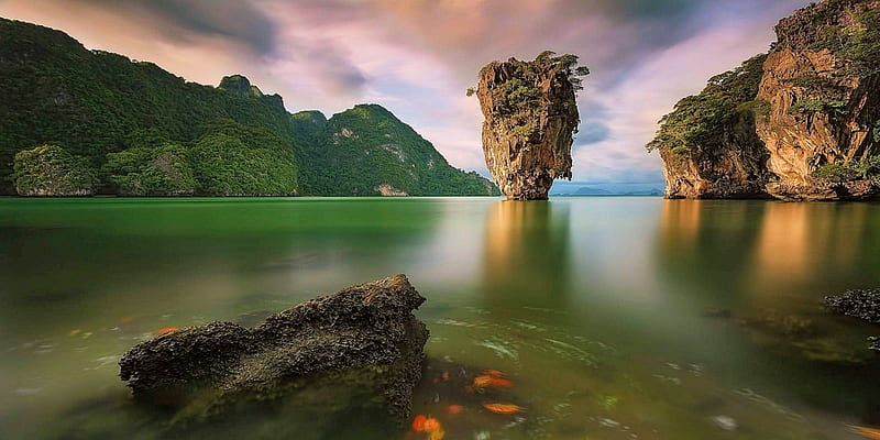 X Light, rocks, Thailand, ocean, Khao Phing Kan, bonito, sunset, sky, clouds, bay, James Bond Island, HD wallpaper