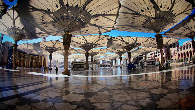 umbrellas covered square in saudia arabia, architecture, umbrellas, modern, city, square, HD wallpaper