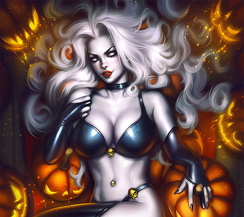 Lady Death, luminos, orange, halloween, black, fantasy, girl, ayyasap, pumpkin, dark, white, HD wallpaper