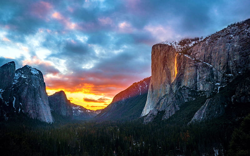 Elevated view of Yosemite’s Firefall in California, sunset, clouds, sky, usa, colors, landscape, HD wallpaper