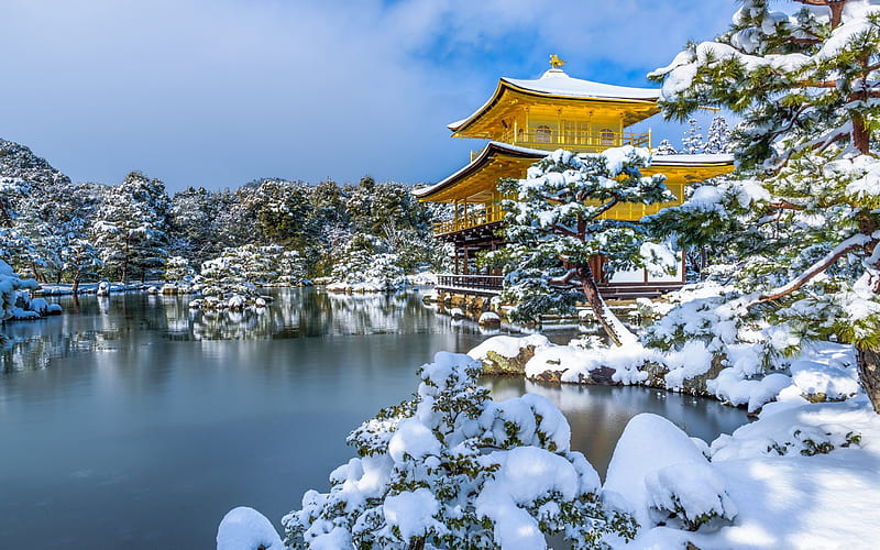 winter, Japanese temple, lake, Kyoko-chi Pond, Mirror Pond, japan, Kinkaku-ji, Golden Pavilion, HD wallpaper