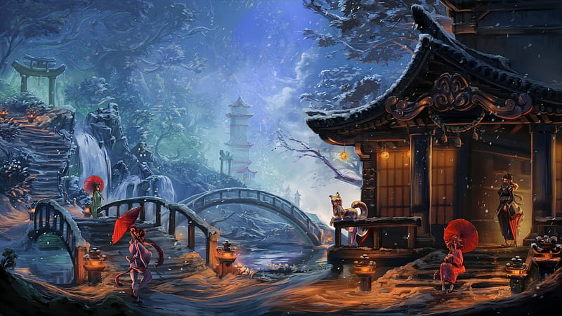 Temple, winter, blue, luminos, orange, umbrella, iarna, fantasy, bridge, fox, people, asian, light, HD wallpaper