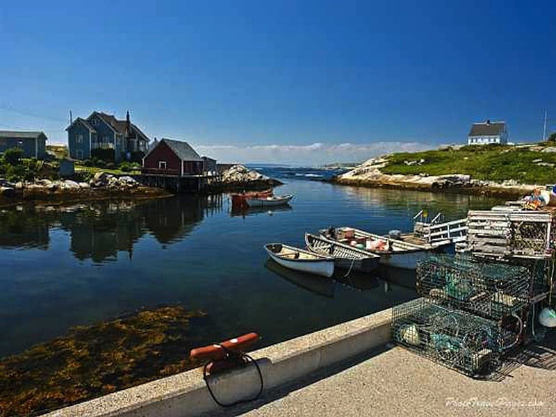 Canada, Nova Scotia, Peggys Cove. Fishing gear and harbor