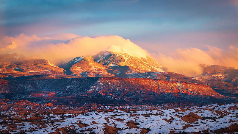 The La Sal Mountains, Moab, utah, snow, usa, sunset, canyons, clouds, sky, landscape, HD wallpaper