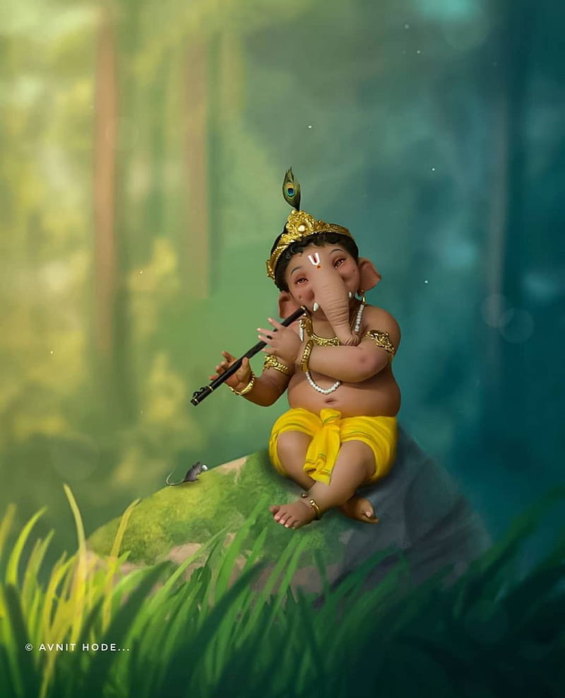 Cute Lord Ganesha Digitally Printed Wallpaper  DecorGlance