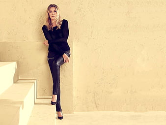 Connie Nielsen, model, black, stairs, bonito, pants, blouse, heels ...