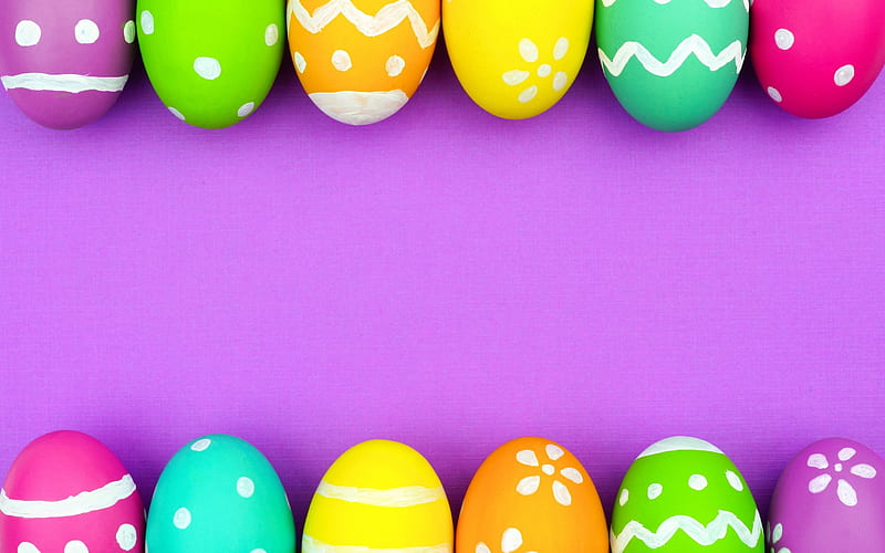 Easter, Easter eggs, purple background, multi-colored eggs, HD wallpaper