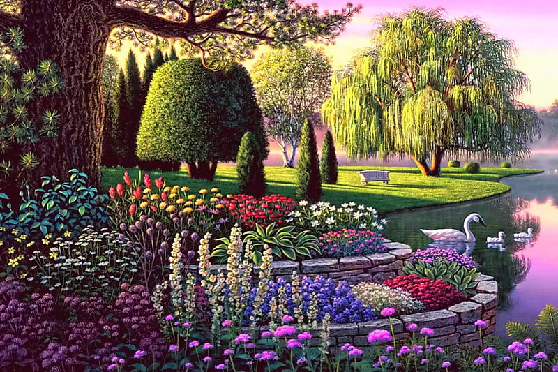 Secret Garden, pond, tree, kim norlien, painting, flower, garden, secret, swan, HD wallpaper
