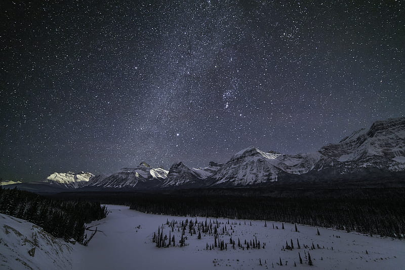mountains, stars, night, snow, winter, HD wallpaper