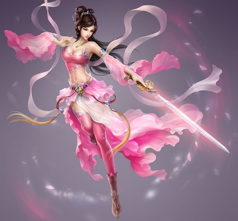 Gorgeous Warrior, art, warrior, girl, bonito, pink, sword, gorgeous, HD wallpaper