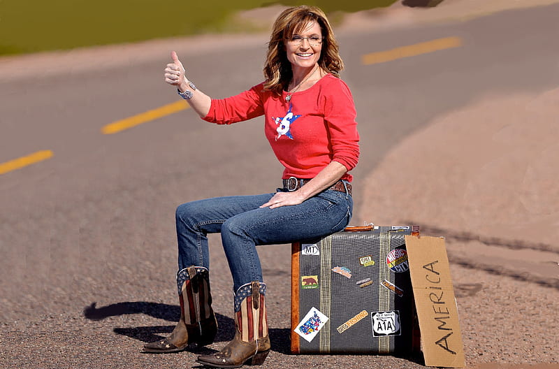Hitching A Ride . ., Sarah Palin, female, cowgirl, boots, sign, America, fun, suitcase, outdoors, women, brunettes, highway, girls, western, style, HD wallpaper