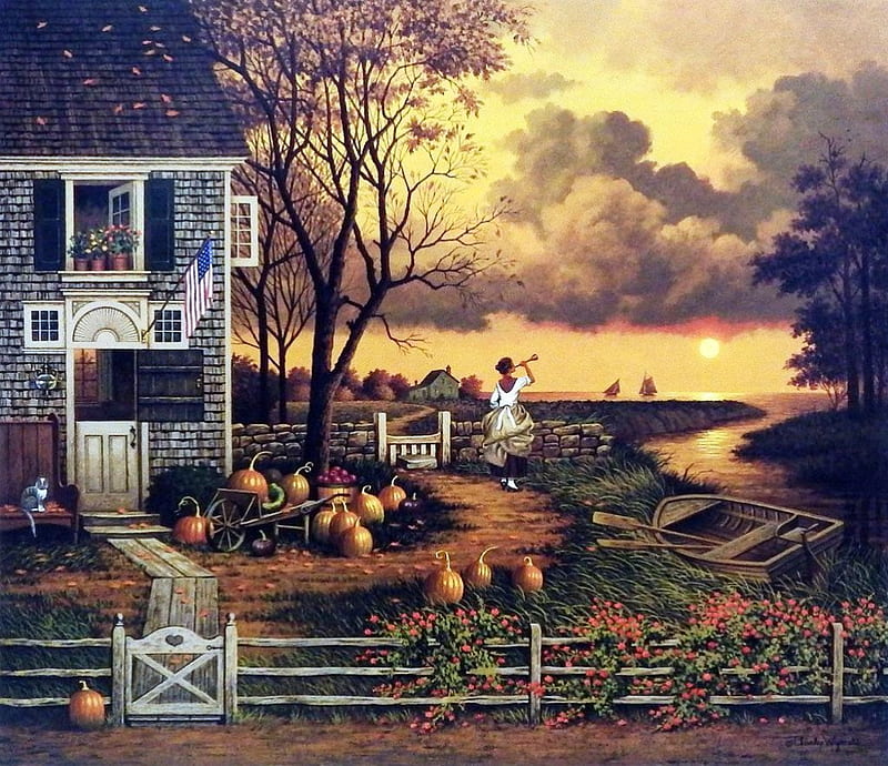 Supper Call, autumn, house, painting, sunset, clouds, woman, artwork, pumpkins, HD wallpaper
