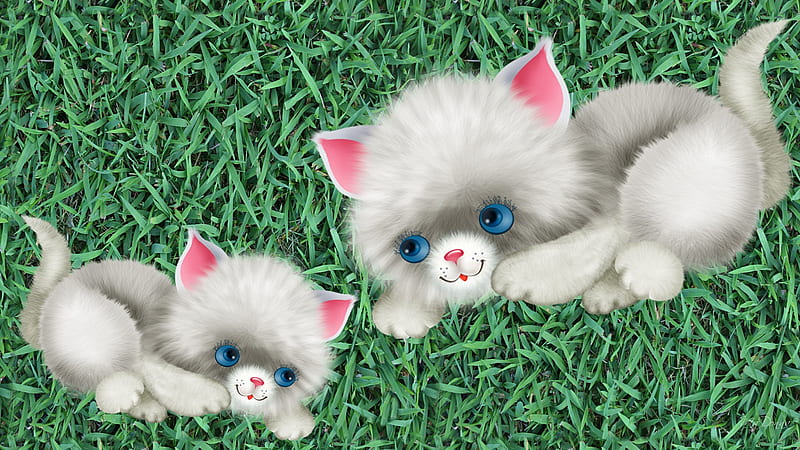 Cat and Kitty, grass, kitty, firefox persona, cat, cute, feline, fluffy white cat, kitten, blue eyes, HD wallpaper