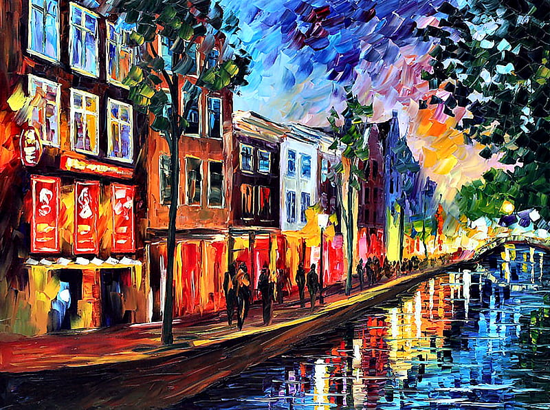 Amsterdam Red Lights, architecture, art, Netherlands, cityscape, bonito, Amsterdam, artwork, stores, Afremov, water, Holland, painting, shops, wide screen, river, scenery, HD wallpaper