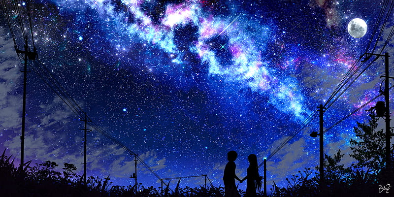 silhouette, night, starry sky, art, dark, HD wallpaper