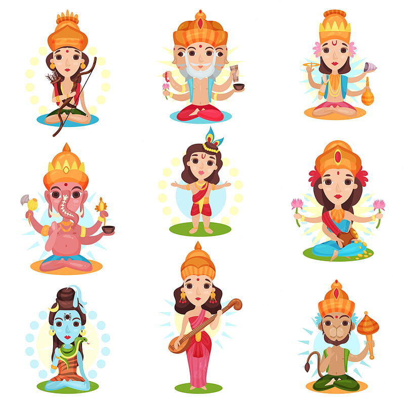 Premium Vector. Indian god and goddess set, rama, brahma, kali, ganesha, lakshmi, shiva, saraswati, hanuman illustrations on a white background, Lord Brahma, HD phone wallpaper