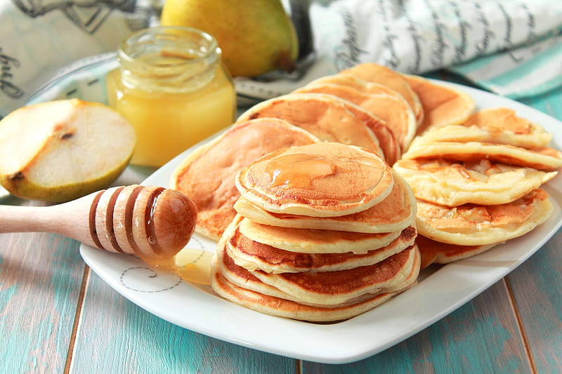 Food, Pancake, Breakfast, Honey, Pear, HD wallpaper