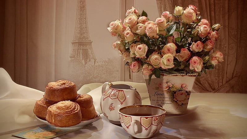Tea Time, cake, still life, rose, tea, HD wallpaper