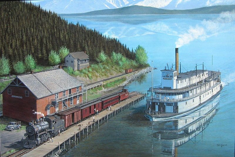 Lake Arrowhead, Train, Steamship, Max Jacquiard, Painting, HD wallpaper