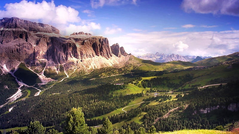 Gardena Pass, Mountain Range, view, grass, trees, sky, clouds, flora, mountains, landscape, HD wallpaper