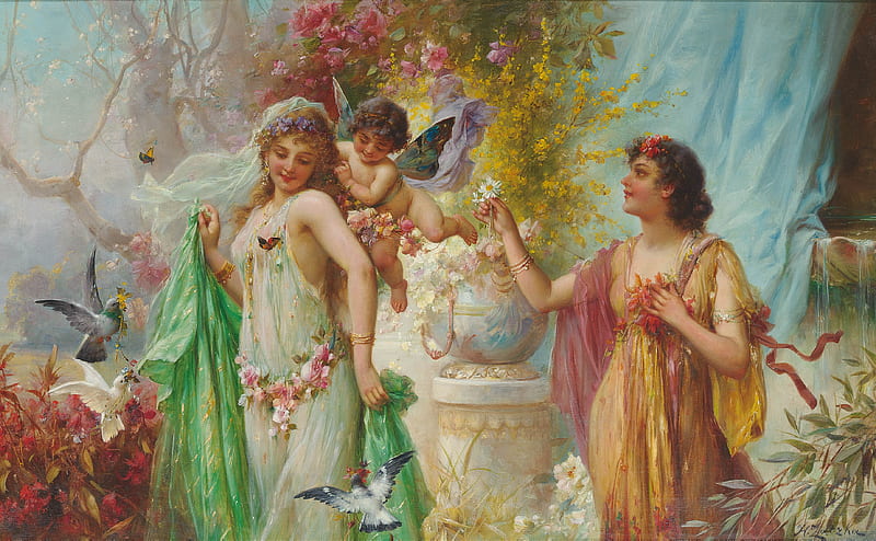 A classical idyll, green, girl, hans zatzka, angel, flower, painting, pink, pictura, HD wallpaper