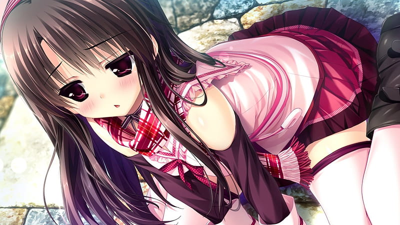 Oh?, Blush, School, Cant think of a fourth, Pink, Girl, Sitting, Uniform, Brown Hair, HD wallpaper