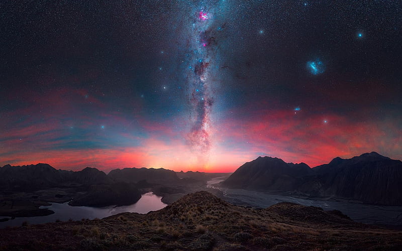 Peak Hill, Lake Coleridge, Canterbury, New Zealand, sky, night, stars, milky way, colors, landscape, HD wallpaper