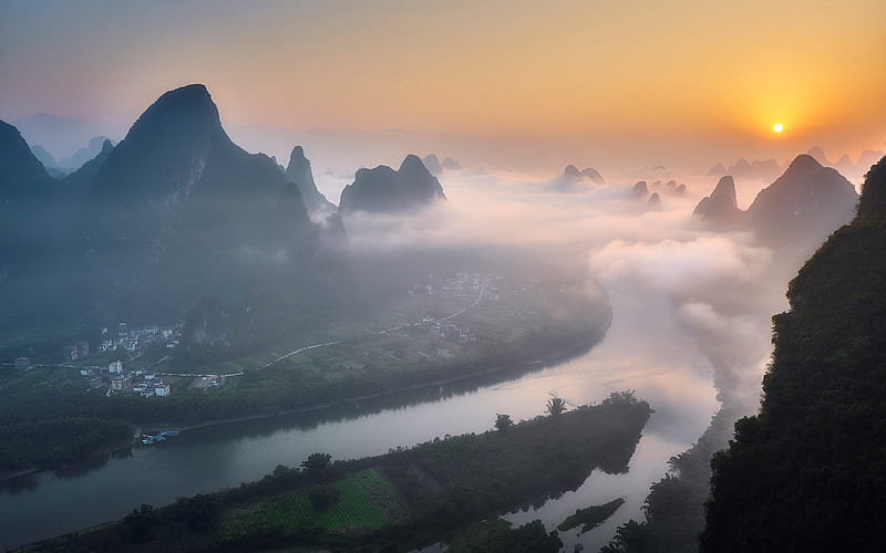 Sunrise in Guilin, China, China, mountains, river, sunrise, mist, landscape, HD wallpaper