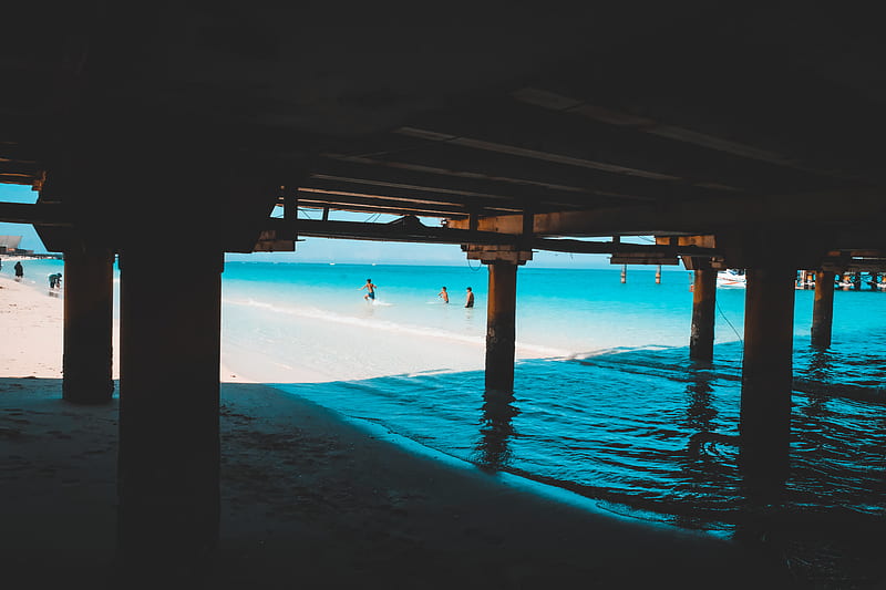 brown wooden dock on blue sea during daytime, HD wallpaper